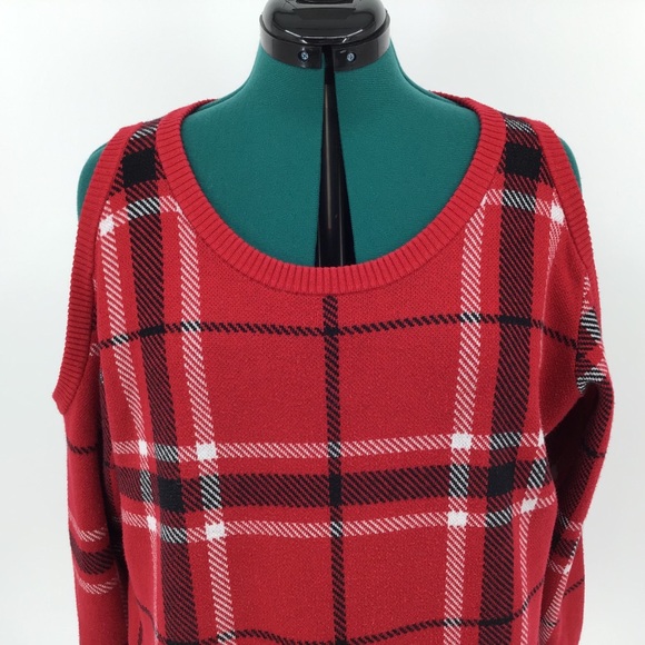 Love & Legend Red Tartan Cold Shoulder Sweater, 0X - Picture 14 of 16